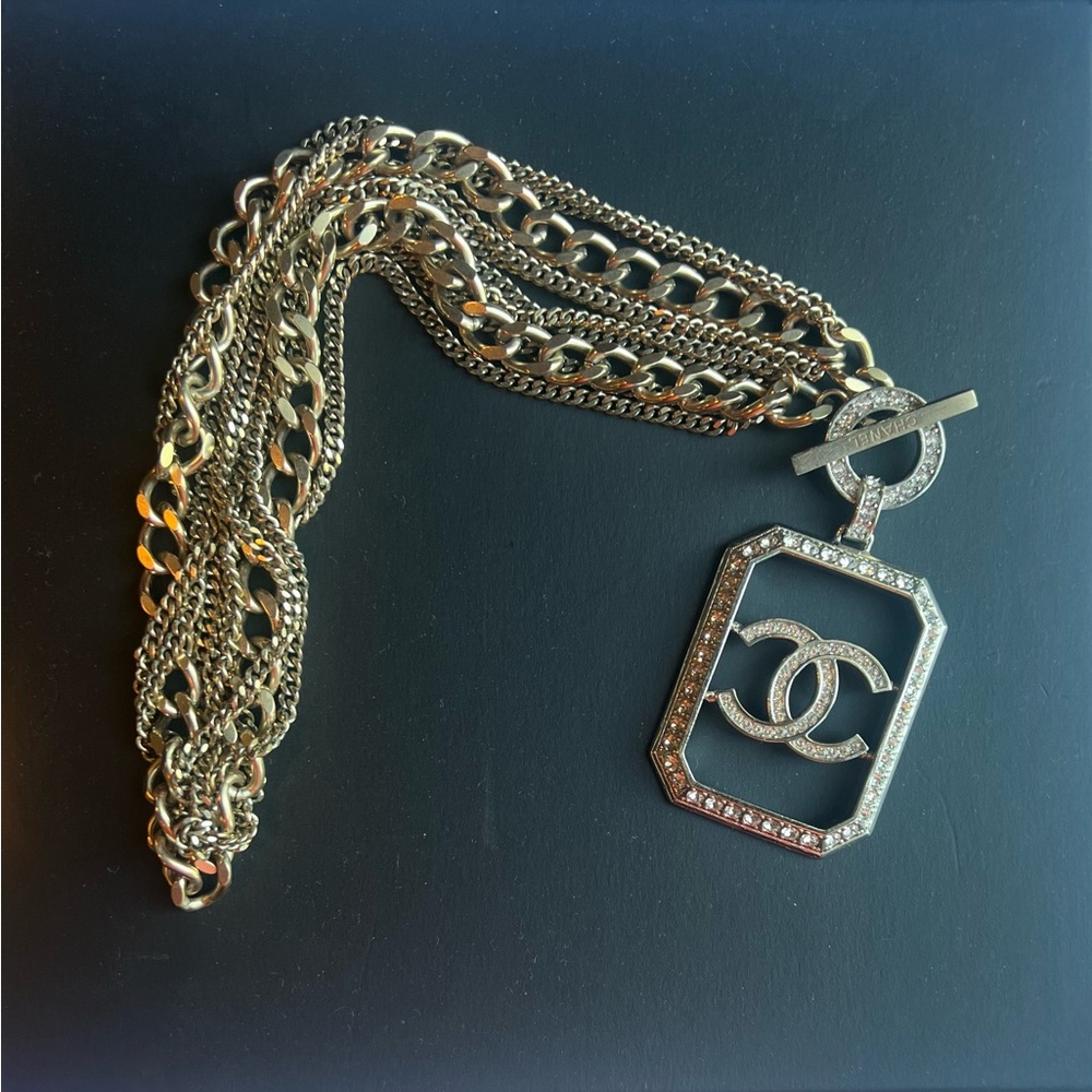CHANEL Silver Multi-Chain Necklace with Logo Pendant